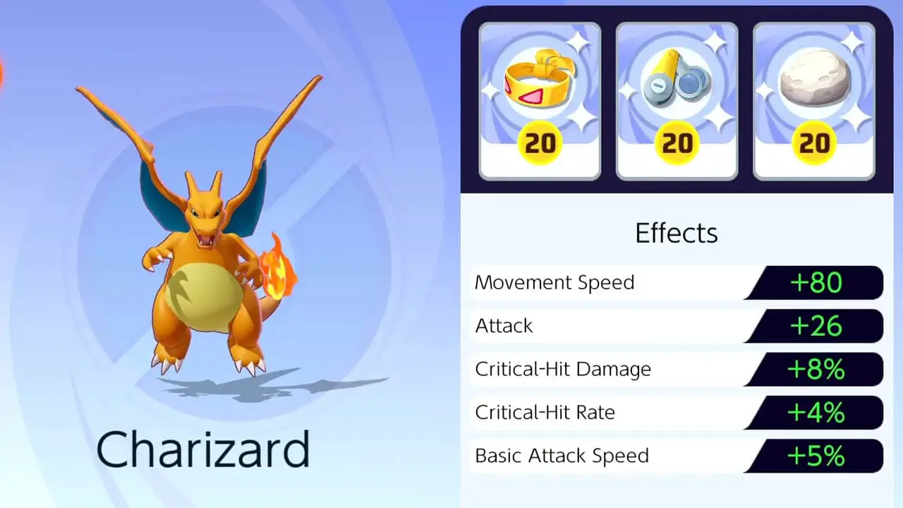 Charizard standing next to held item select menu