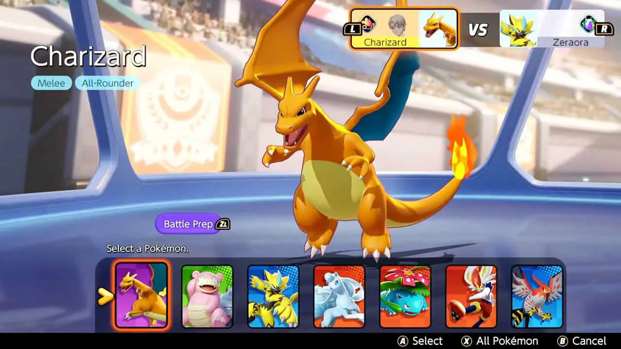 Pokemon selection screen with a large charizard on the screen (pokemon unite screenshot)