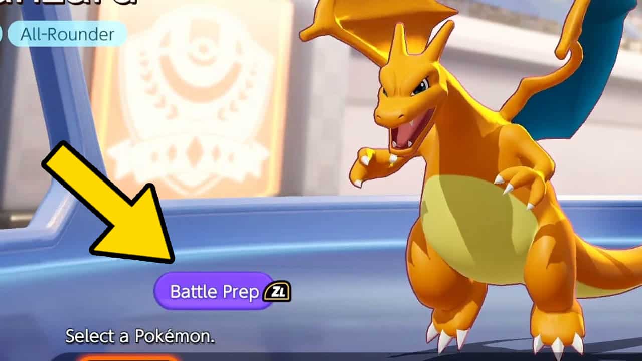 Charizard next to a purple button called "battle prep" with a yellow arrow pointing at it (pokemon unite screenshot)