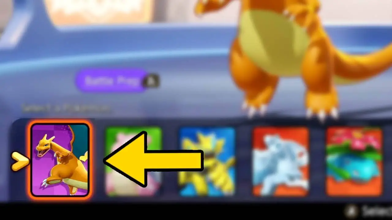 Pokemon Unite select screen with a yellow arrow pointing at a pokemon (pokemon unite screenshot)