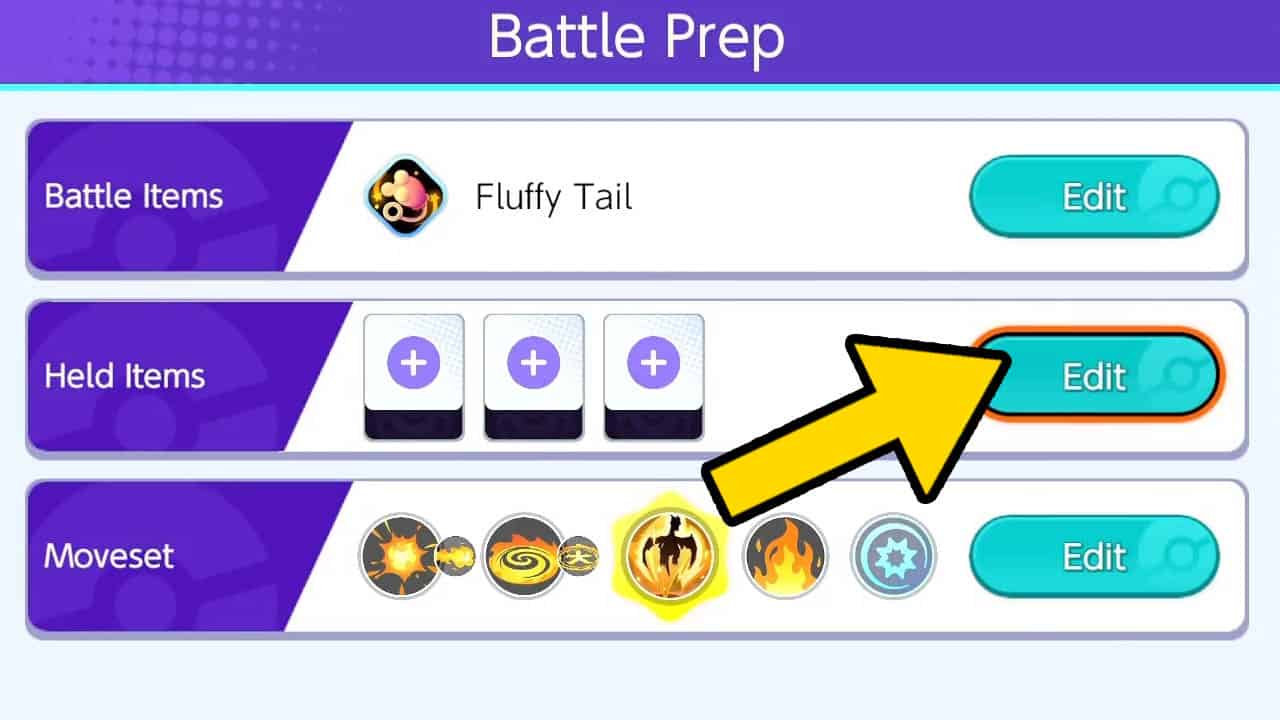 Battle prep screen with three rows of battle icons with a yellow aroow pointing at the button "edit" (pokemon unite screenshot)
