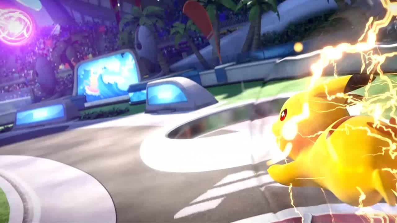 Pikachu racing across a field at a aeos energy ball about to score