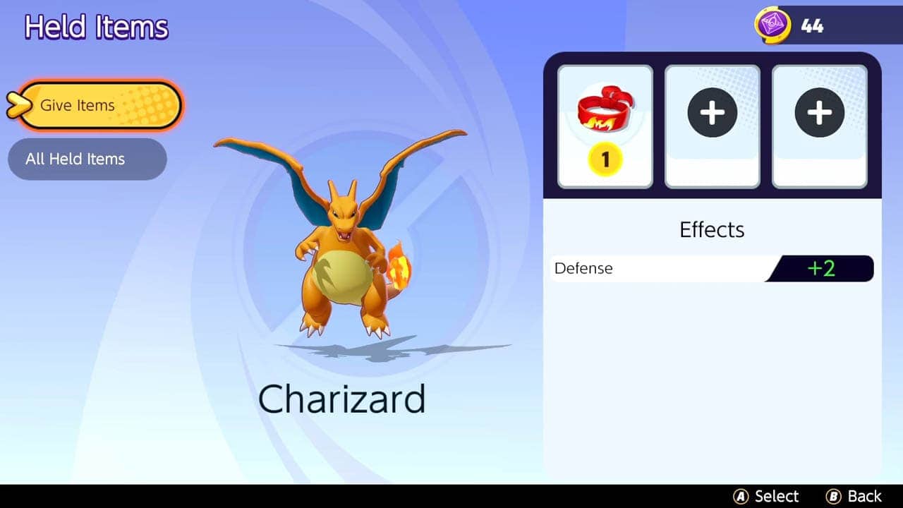 A charizard next to a held item upgrade menu (pokemon unite screenshot)