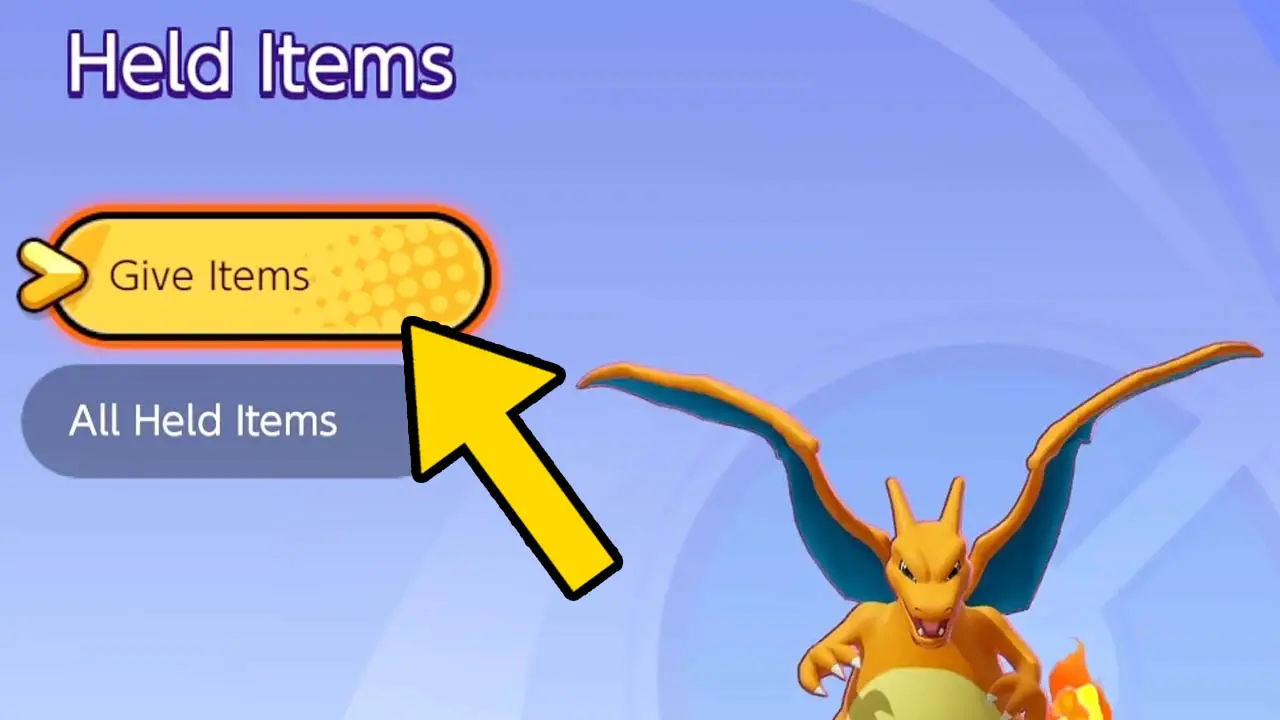 Pokemon Unite held item upgrade screen with a yellow arrow pointing at "give items" button