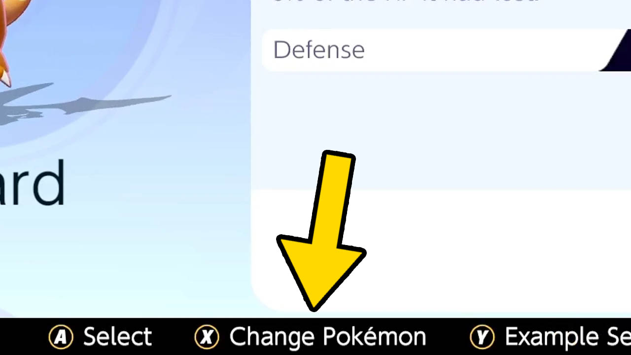 Pokemon Unite held item upgrade screen with a yellow arrow pointing at "change pokemon" button prompt