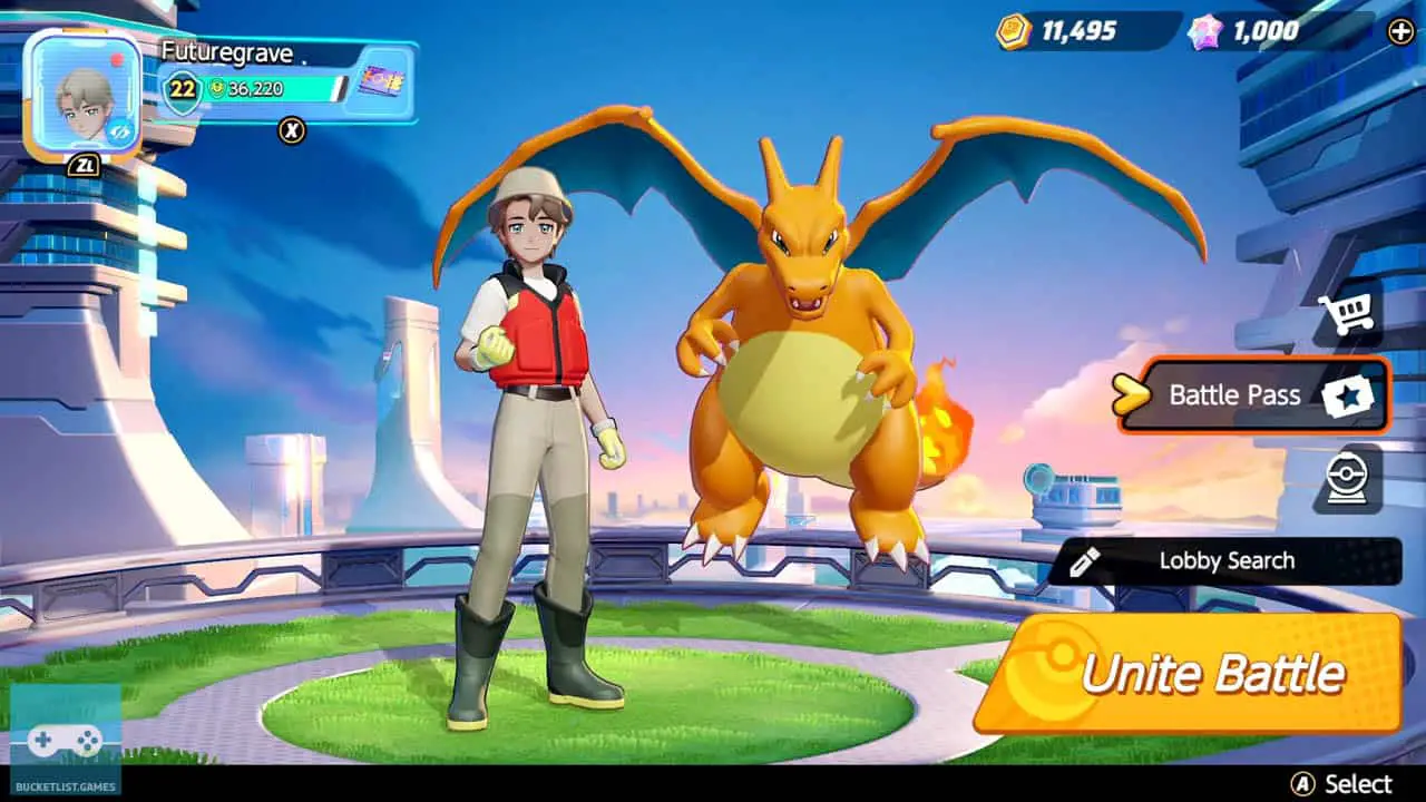 a trainer standing next to its charizard in the main lobby (pokemon unite screenshot)