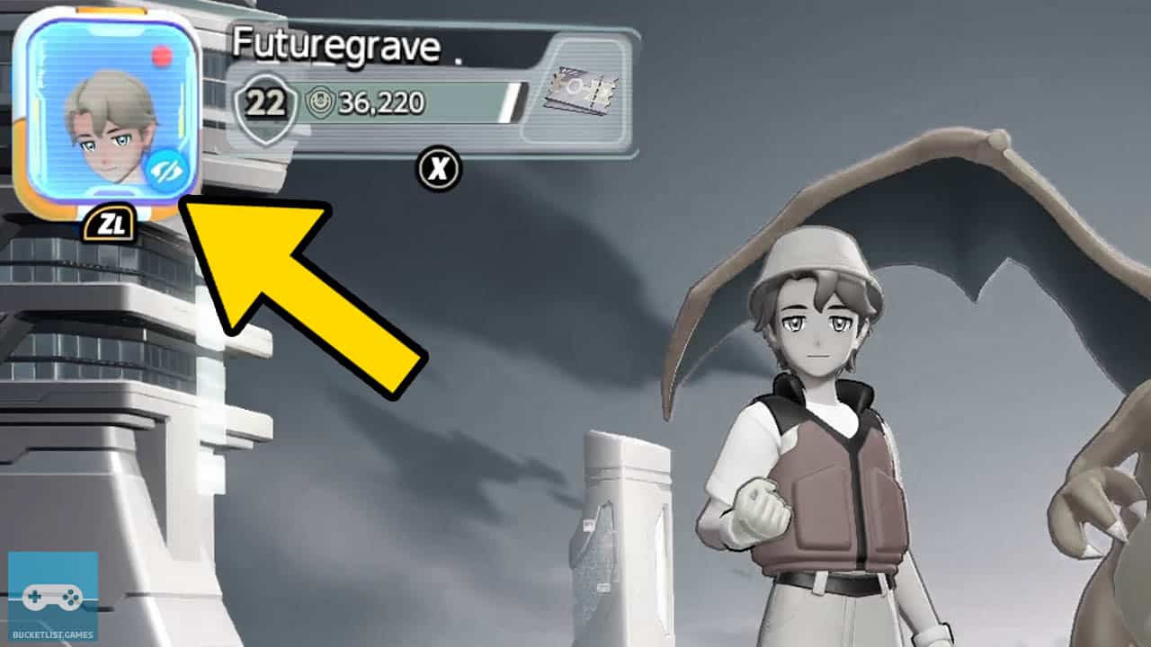 a black and white image of pokemon unite's main lobby with a trainer at the right and a profile icon of hte trainer in the top left corner with a yellow arrow pointing at it (pokemon unite screenshot)