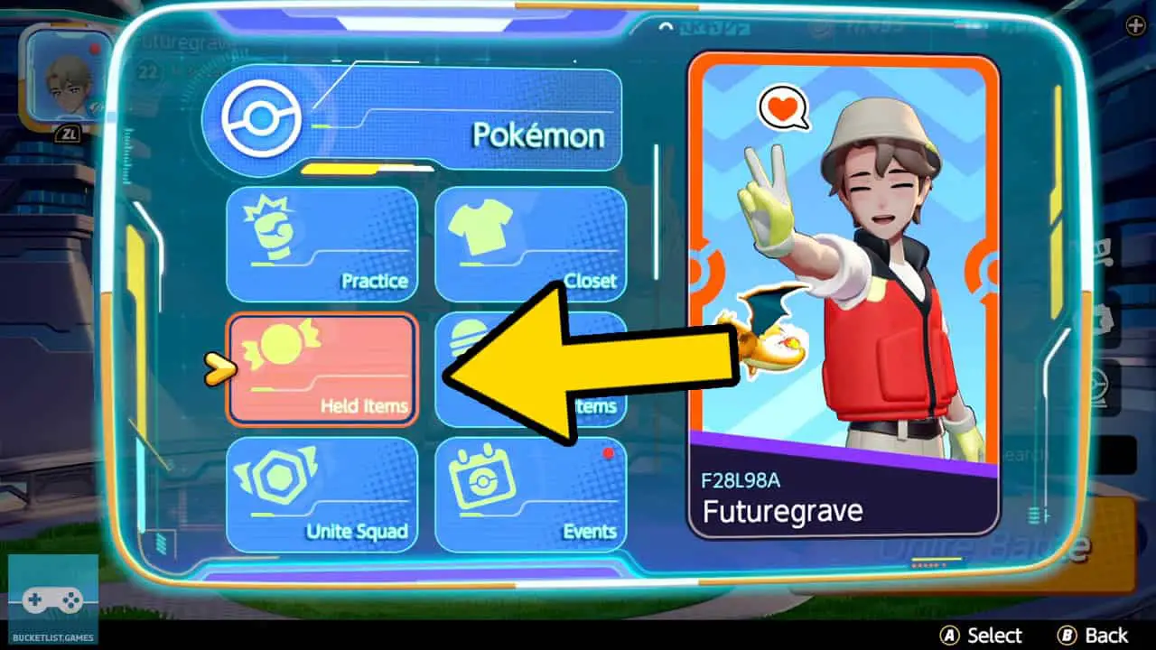 an options page with a list of square icons, each with a category next to a trainer profile picture (pokemon unite screenshot)