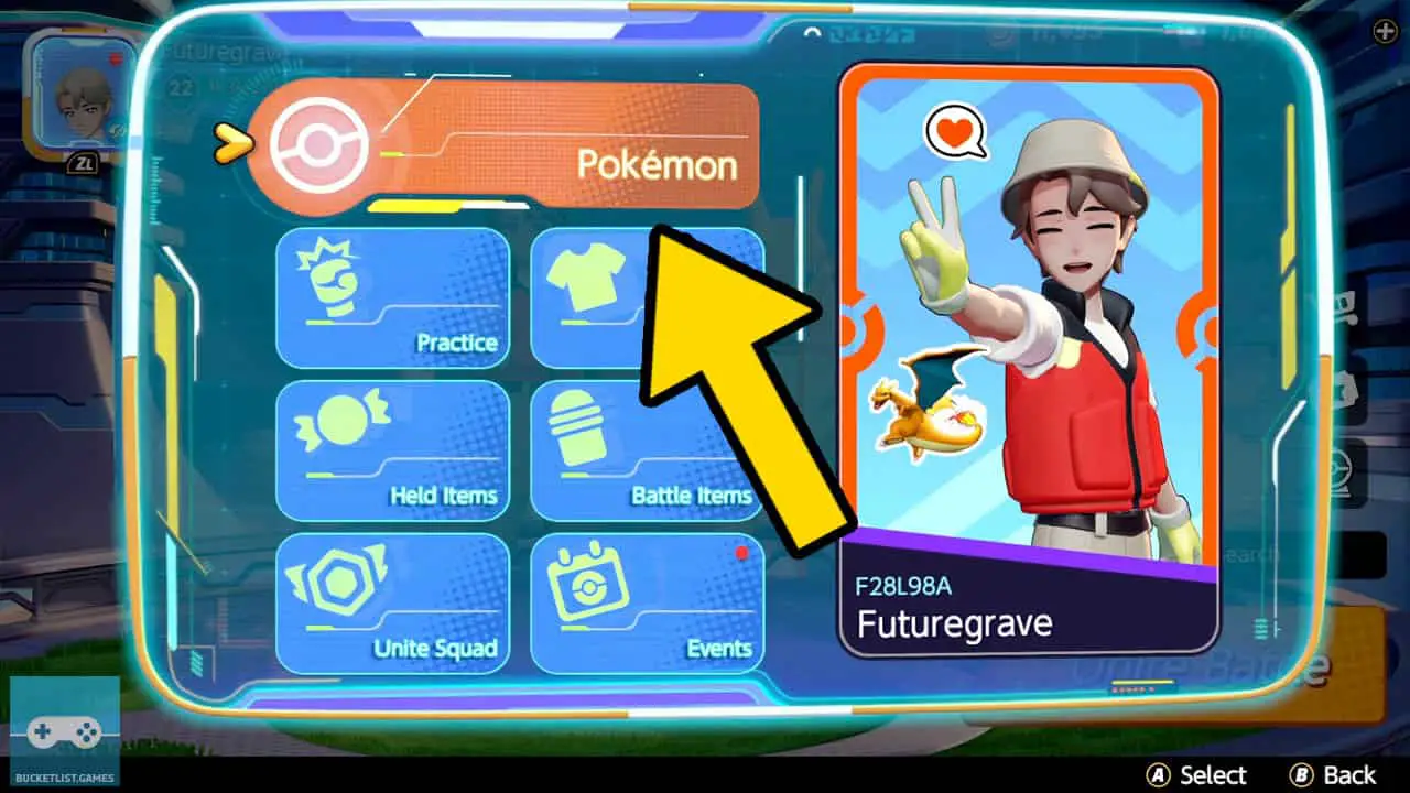 an options page with a list of square icons, each with a category next to a trainer profile picture (pokemon unite screenshot)