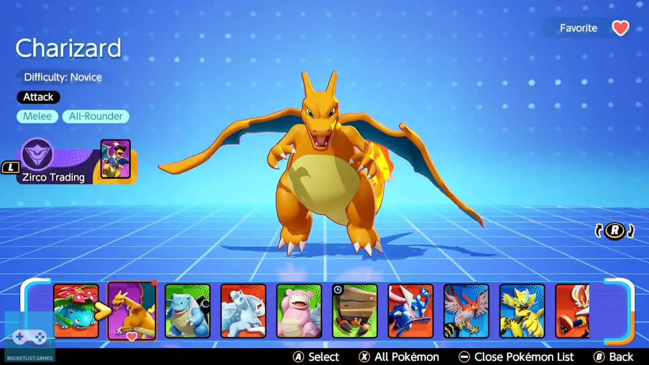 a giant orange dragon, charizard, floating in a blue room with a row of pokemon icons beneath it (pokemon unite screenshot)