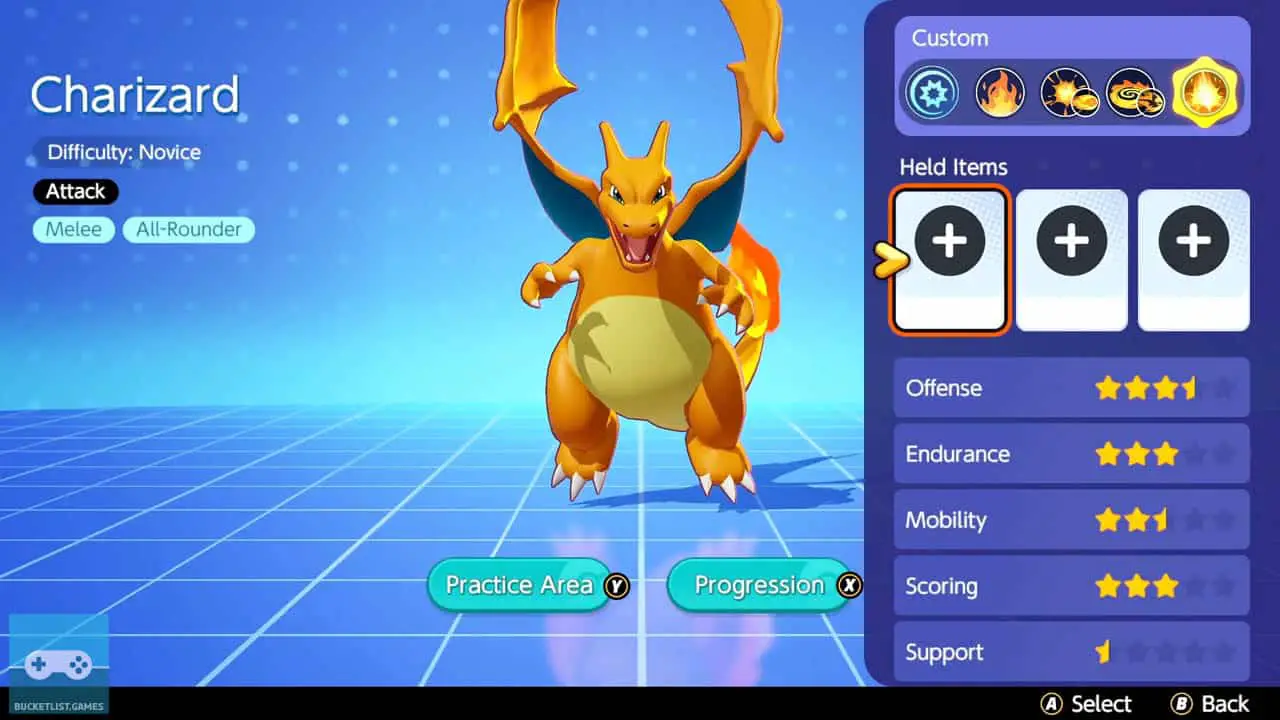 a giant orange dragon, charizard, floating in a blue room with a menu bar next to it (pokemon unite screenshot)