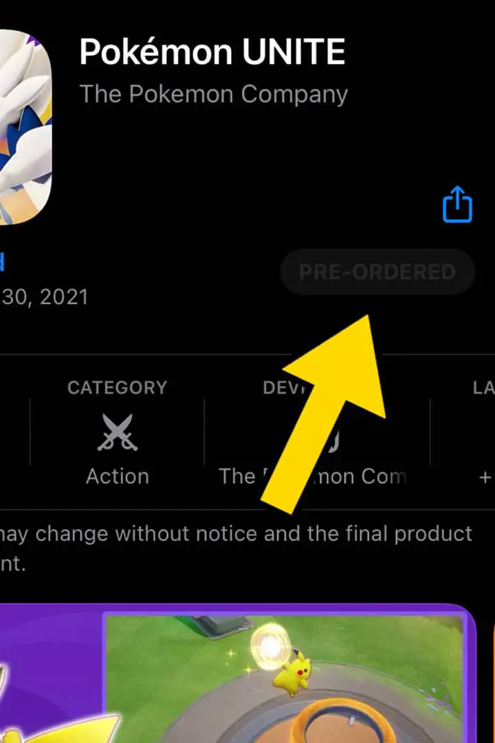 Apple App store page with yellwo arrow pointing at the pre-order icon