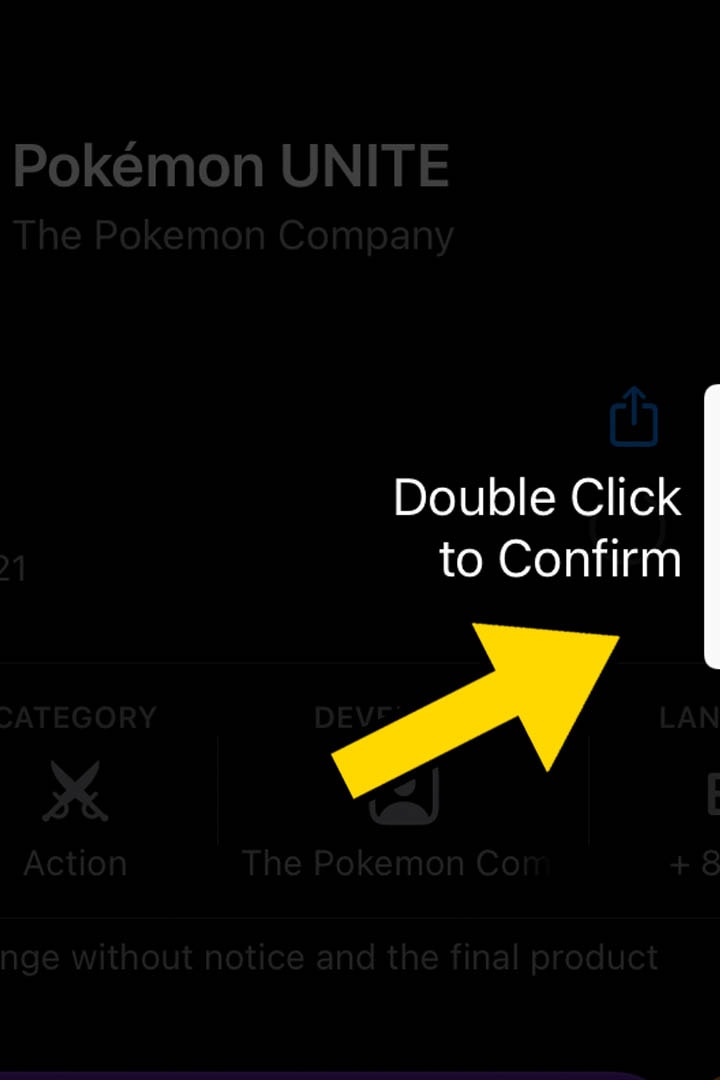 Apple App store page with yellwo arrow pointing at the "double click to confirm" side button