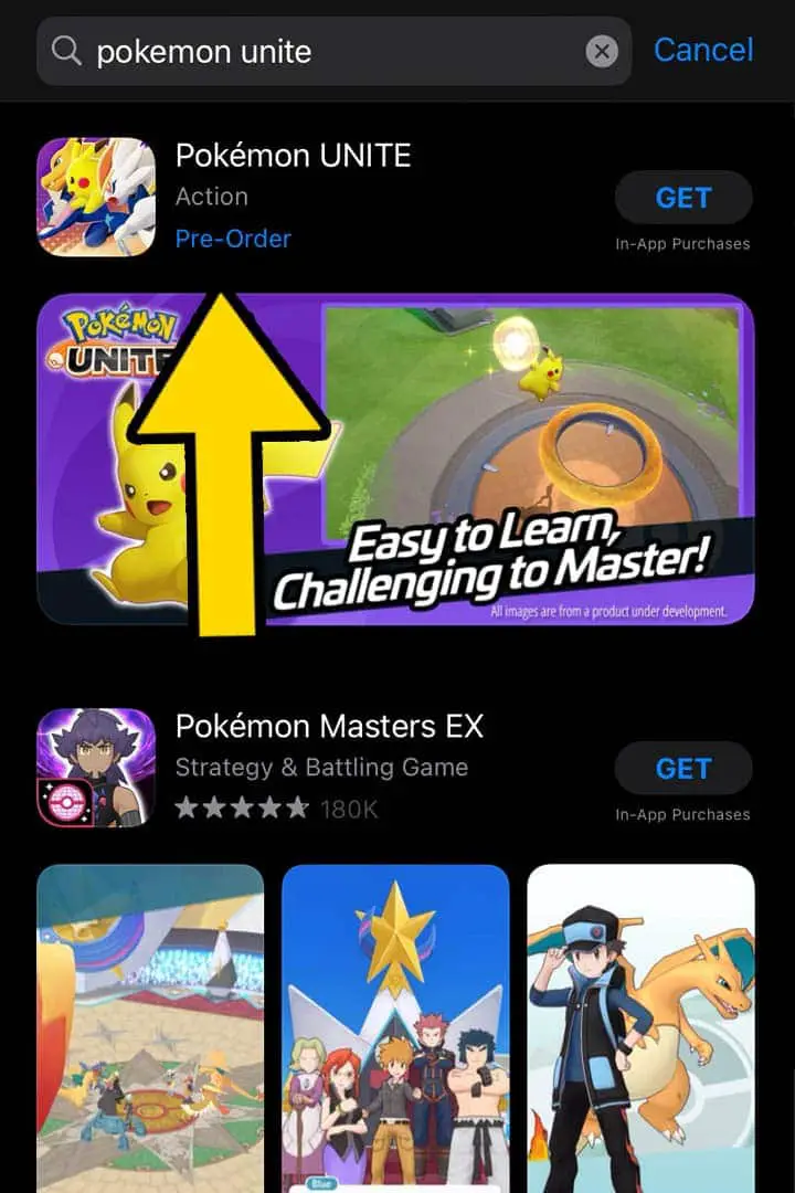 Apple App store page with yellwo arrow pointing at the pokemon unite game icon