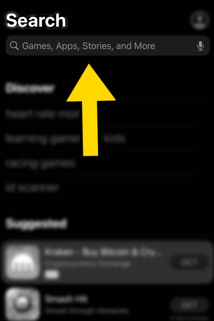 Apple App store page with yellwo arrow pointing at the search bar
