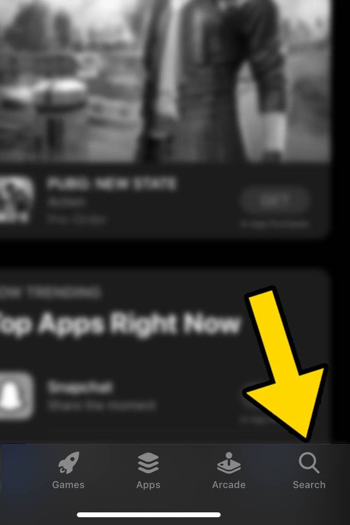 Apple App store page with yellwo arrow pointing at the search icon