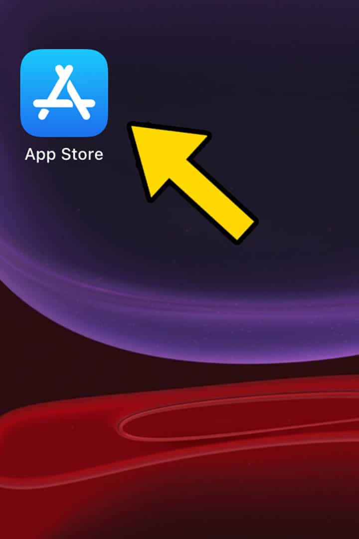 iPhone home screen with a yellow arrow pointing at the app store icon