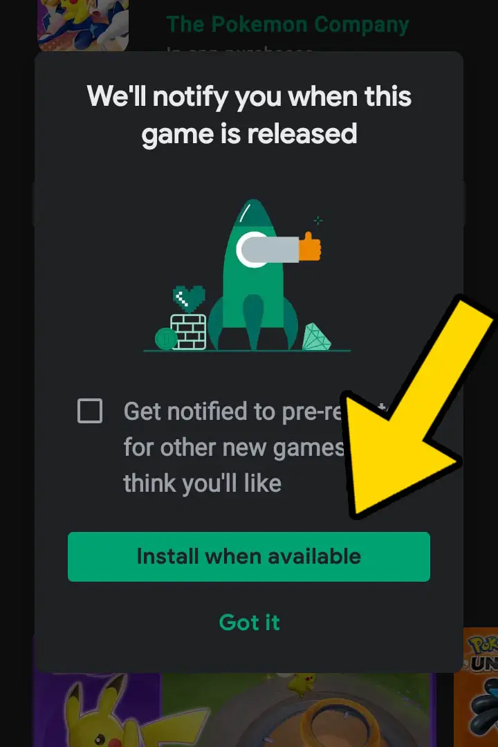 A green rocket icon with text confriming pre-register app and install when available button at the middle of the screen
