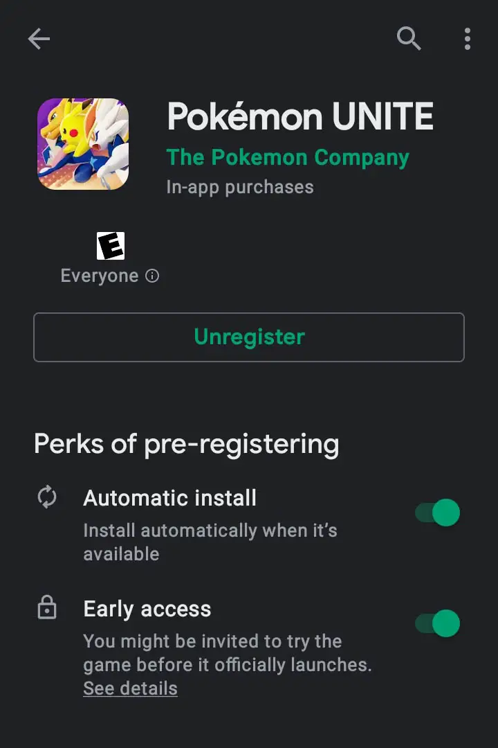 pokemon unite google play store page