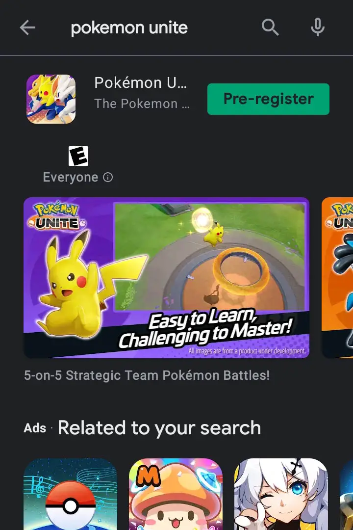 pokemon unite google play store page