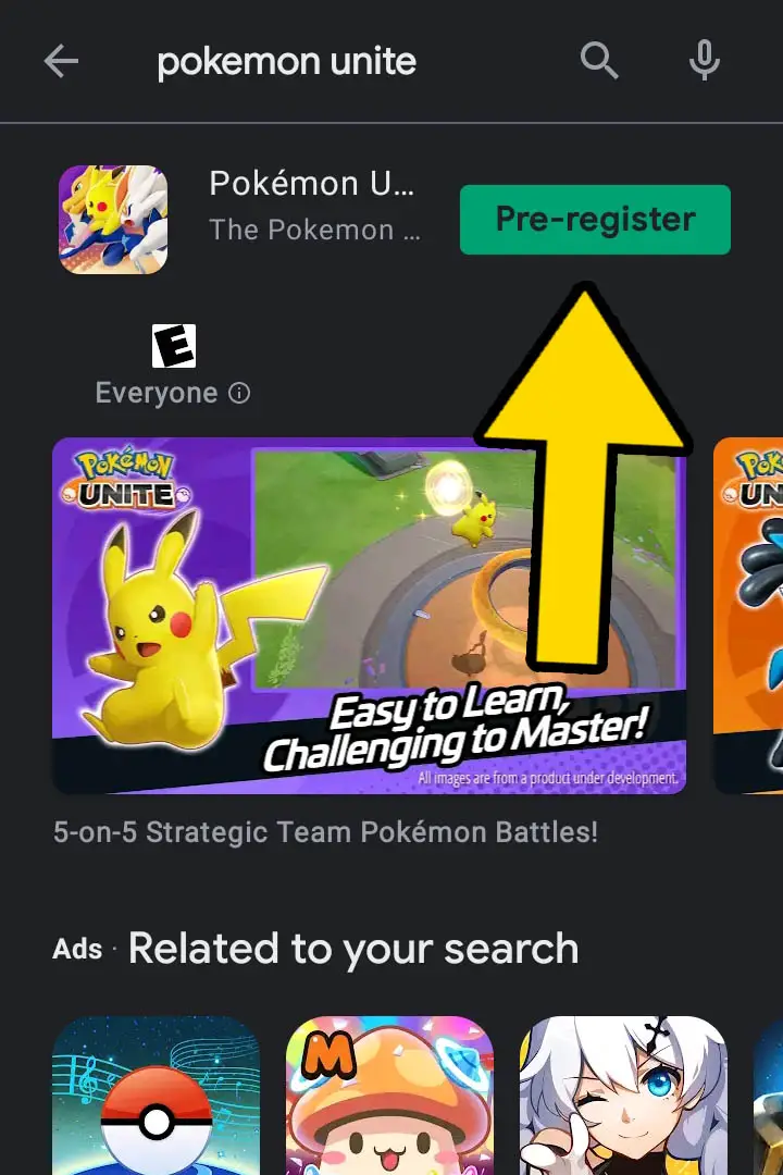 pokemon unite google play store page with a yellow arrow pointing at the pre-register button