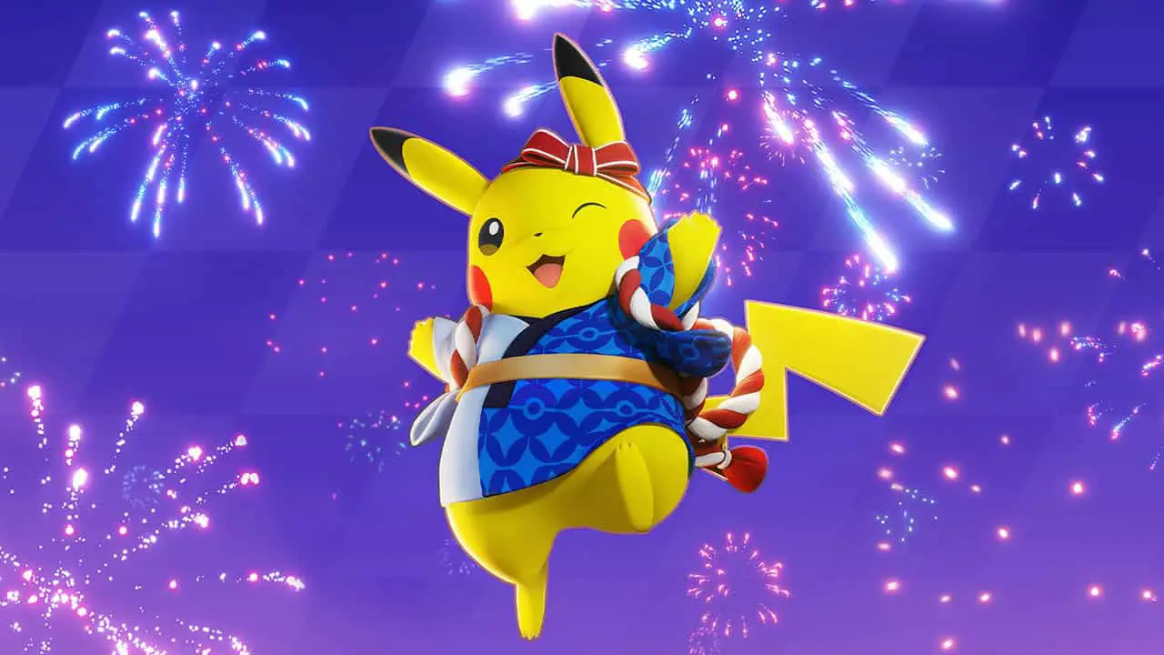 Pikachu happy, jumping in front of a dark sky filled with fireworks of all colors