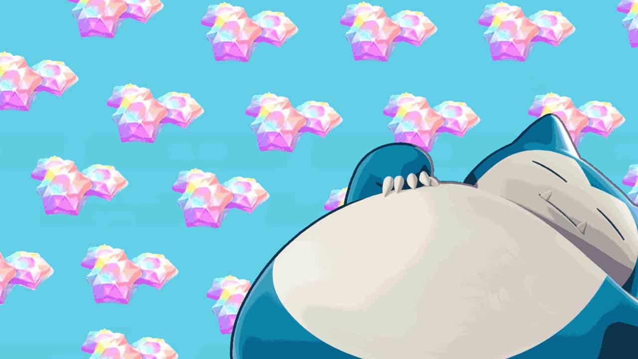 Snorlax with a bunch of pink Aeos gems floating behind him (pokemon unite screenshot)