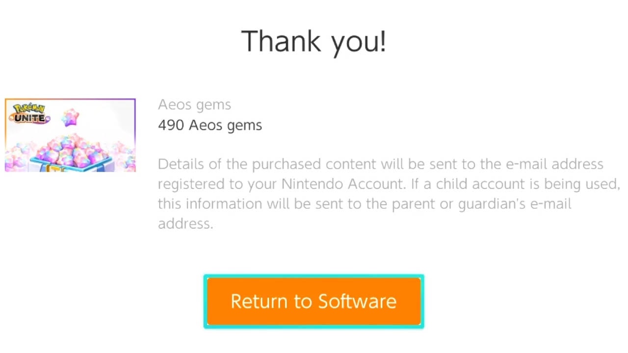 Pokemon Unite aeos coins payment thank you screen with a thank you message in black font with white background