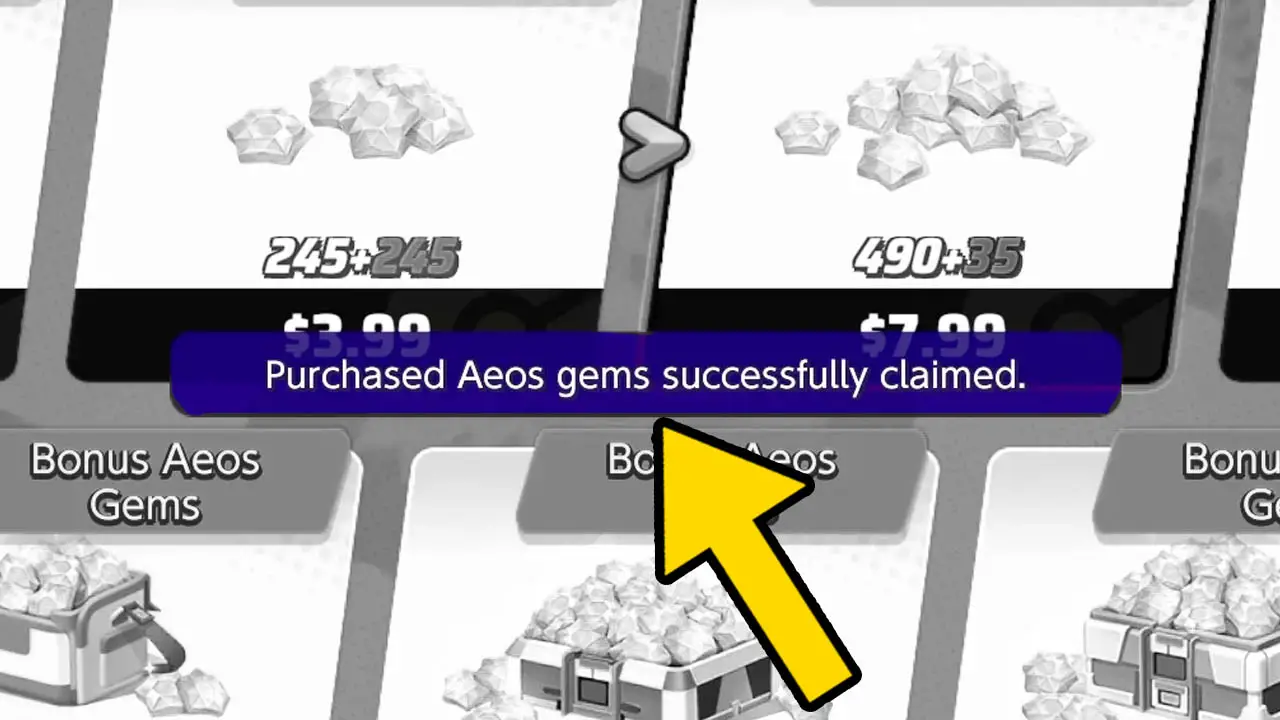 Purchased aeos complete message with a yellow arrow pointing at it in front of aeos gems selection screen