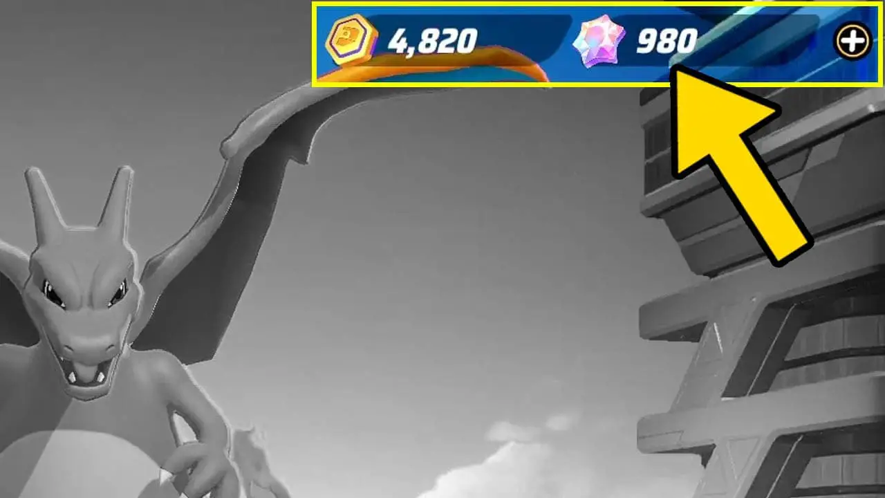 Black and white screen with a yellow arrow pointing at a pink gem (pokemon unite screenshot)