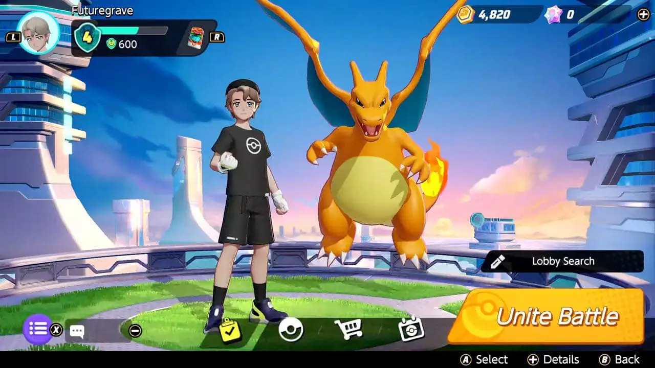 Male trainer in black shorts and shirt standing next to giant orange dragon with wings (pokemon unite screenshot)