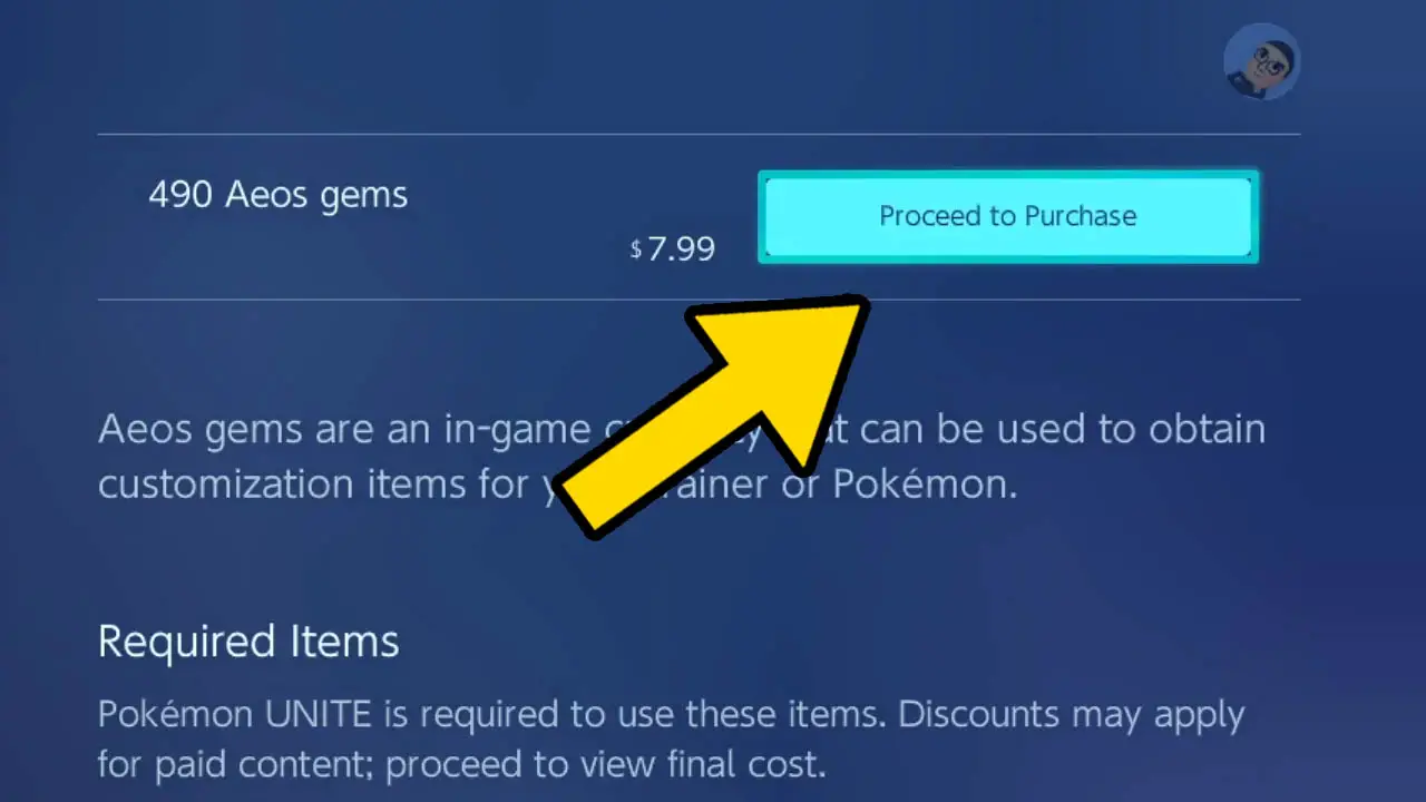 A yellow arrow pointing at a proceed to purchase button for pokemon unite aeos gems payment