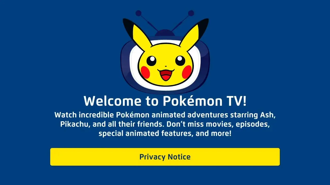 Welcome to pokemon tv screen with pikachu's face above welcome text