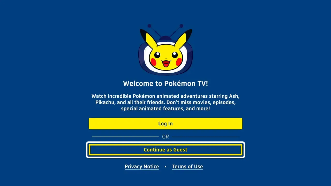 Pikachu's face above text; this is the pokemon tv sign-in screen