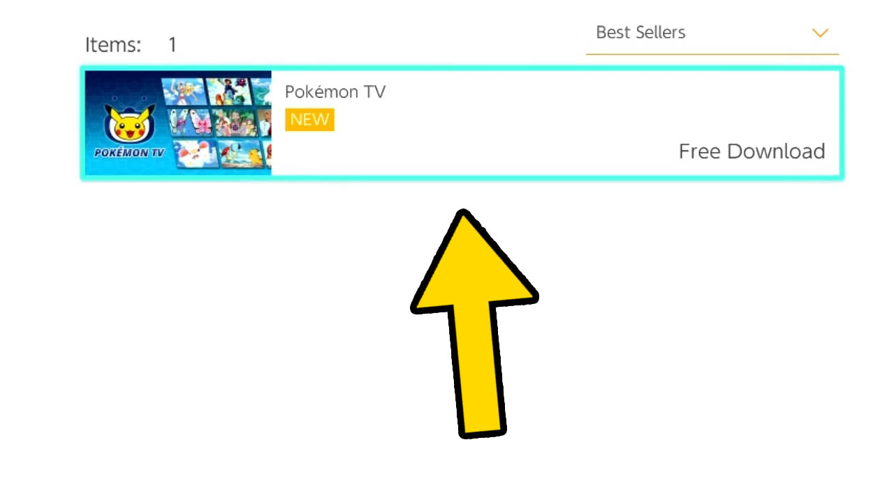 Switch search results screen with pokemon tv app icon and a yellow arrow pointing at it