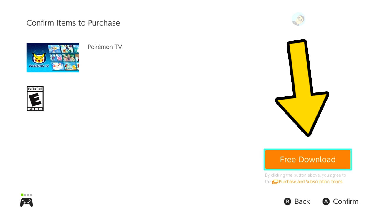 Pokemon tv app download screen with a yellow arrow pointing at the free download button