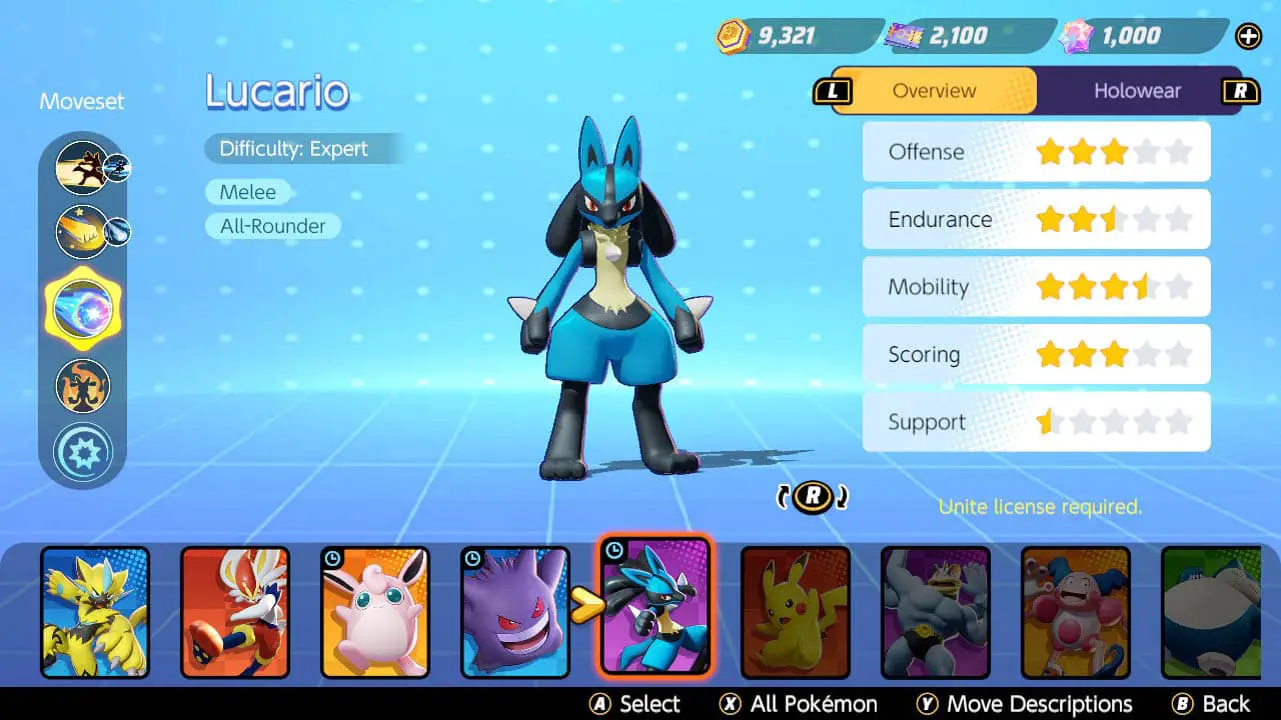 A pokemon standing in a blue room with its stats displayed next to it above a row of other pokemon profile pics in pokemon unite's pokemon select screen (pokemon unite screenshote)