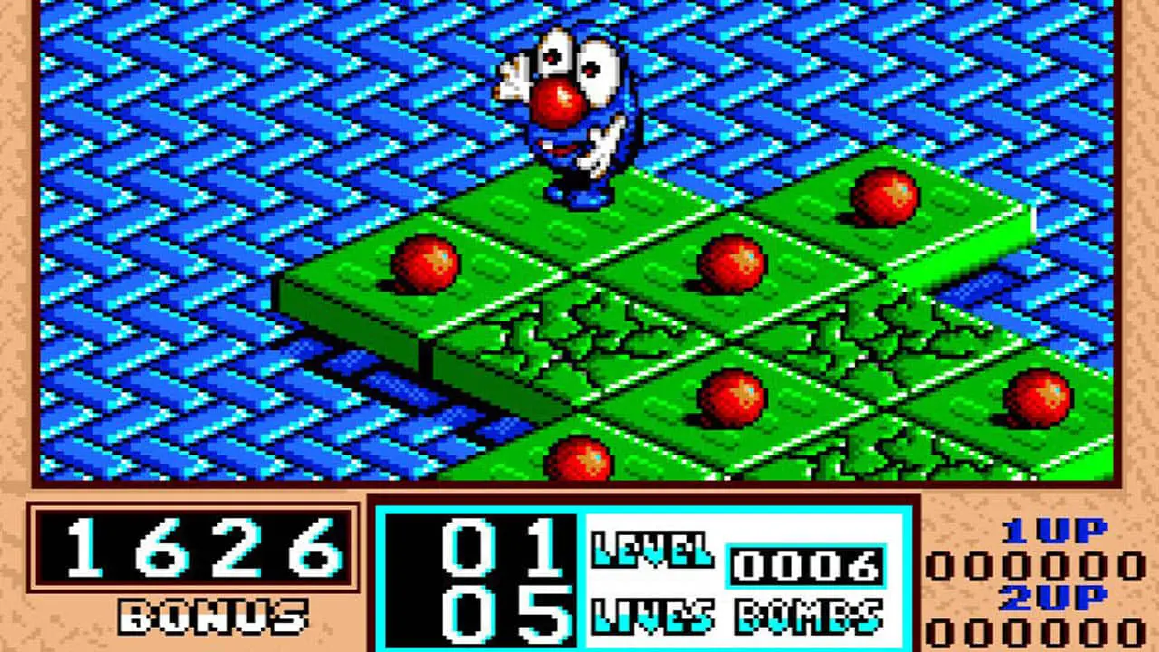 A blue cartoon on a green path with red balls (snes screenshot)