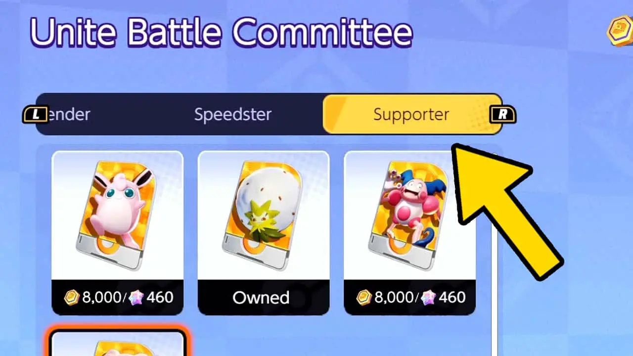 pokeon shop page with tabs; yellow arrow pointing at the SUPPORTER tab