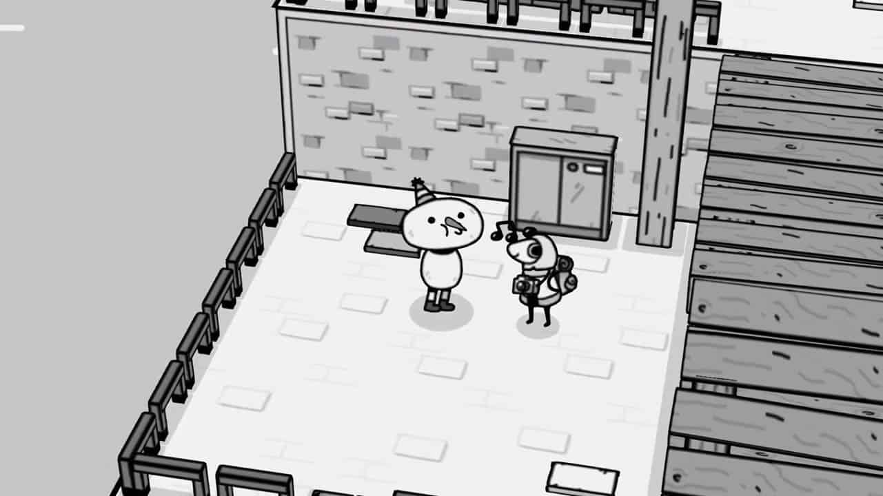A little creature talking to a snowman in a black and white world (toem a photo adventure screenshot)