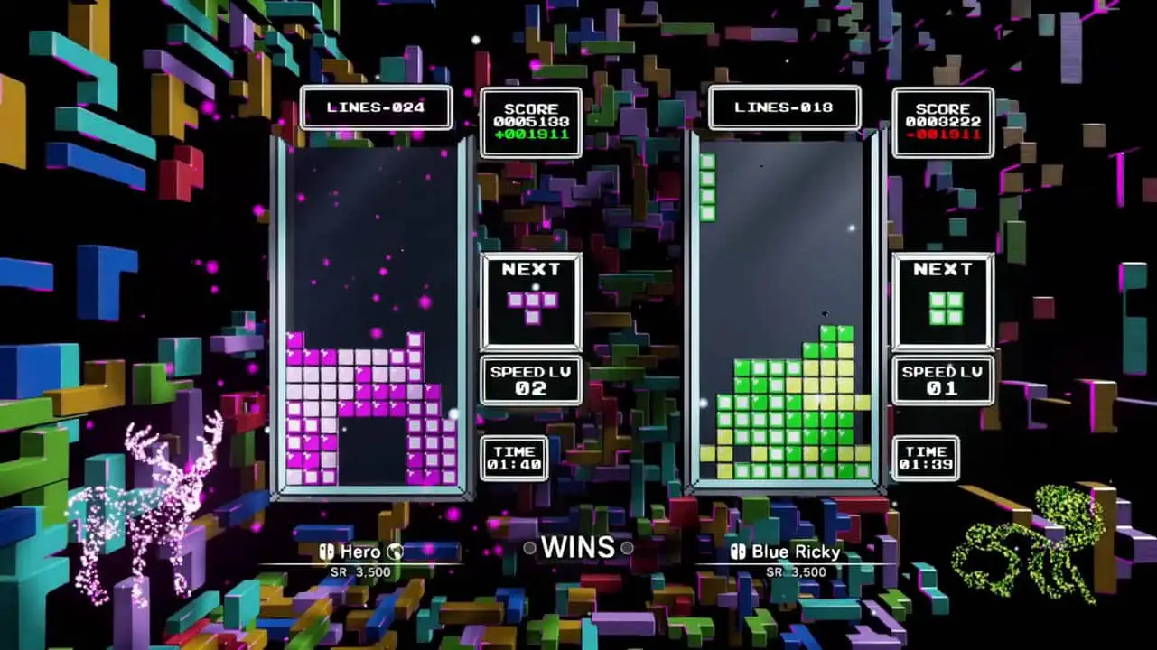 Two tetris columns with colorful falling blocks