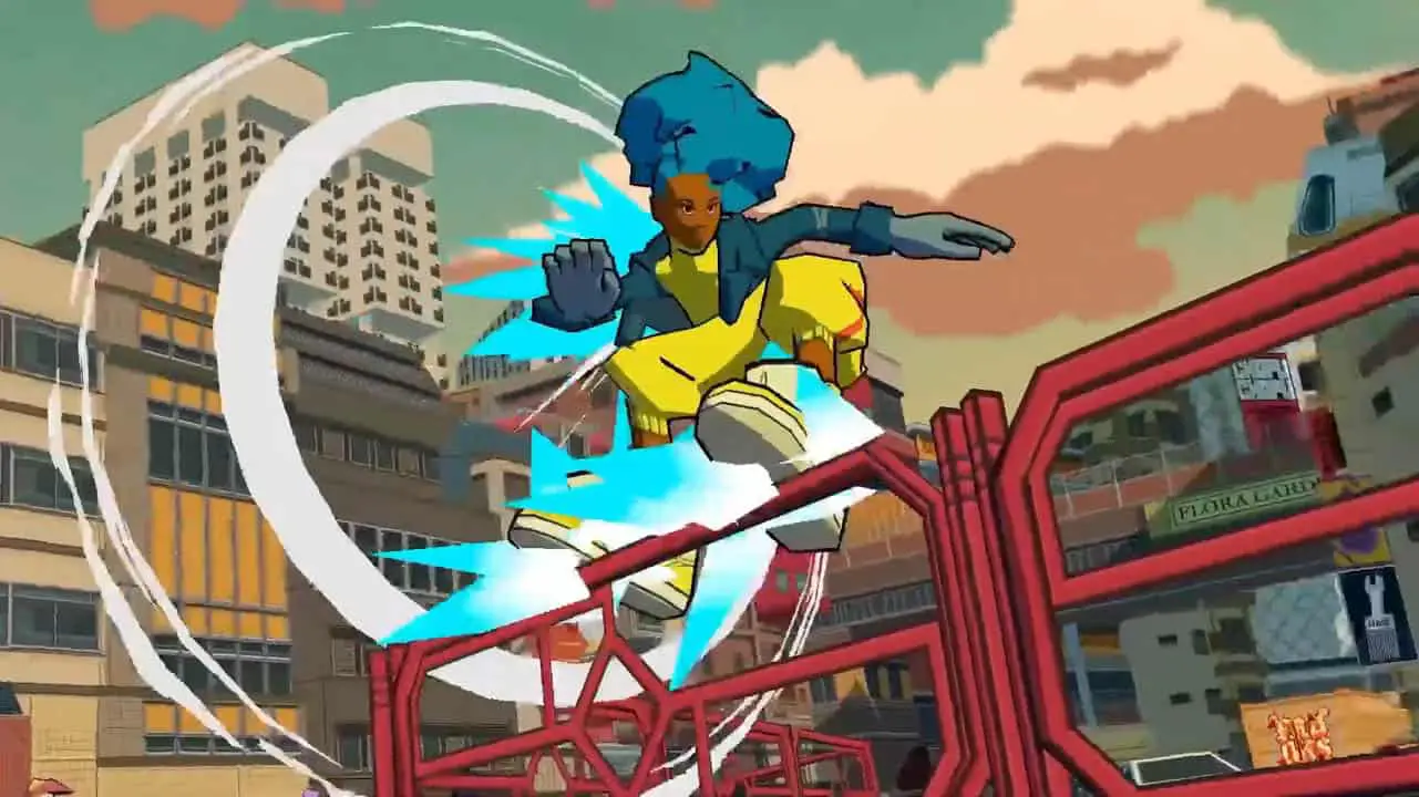 A woamn grinding on a rail with her skates (bomb rush cyberfunk screenshot)