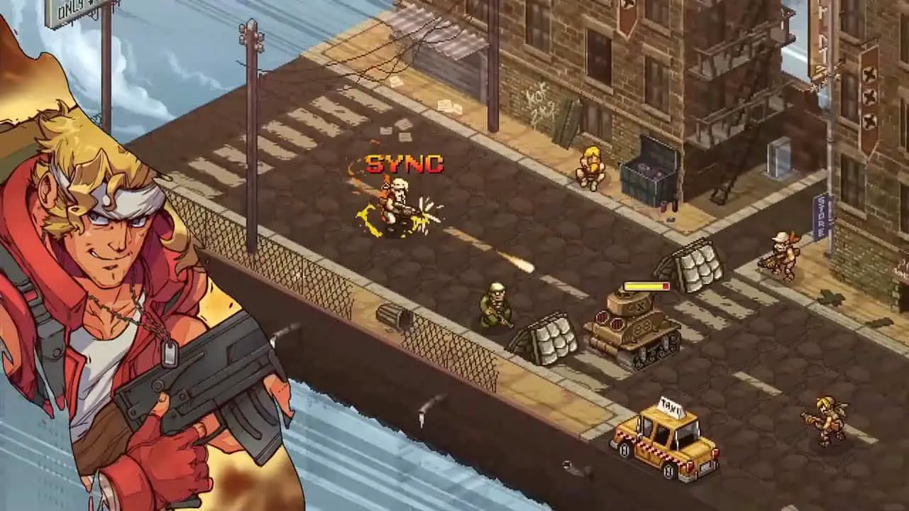 A warzone with soldiers in a city (metal slug tactics screenshot)