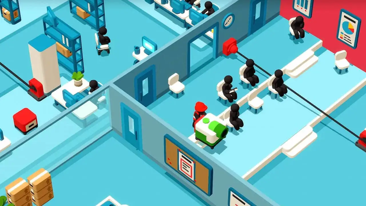 Blue work room with people in cubicls (nintendo switch screenshot)