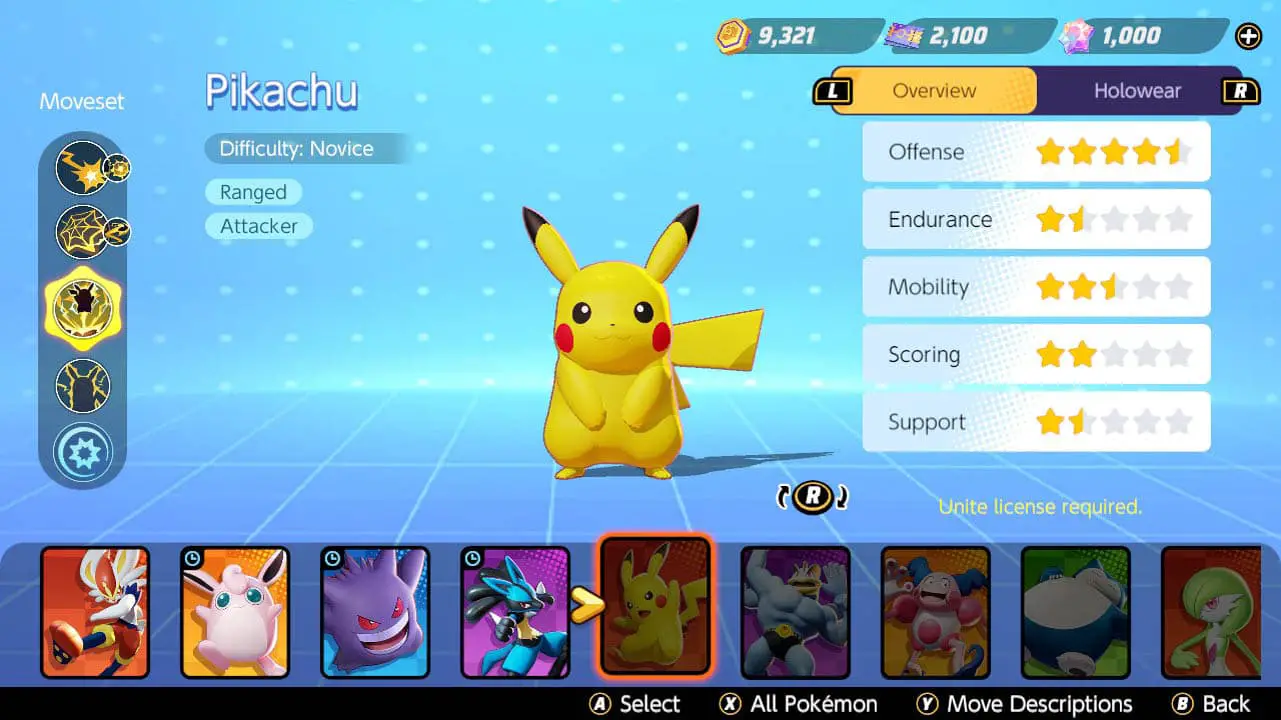 A pokemon standing in a blue room with its stats displayed next to it above a row of other pokemon profile pics in pokemon unite's pokemon select screen (pokemon unite screenshote)