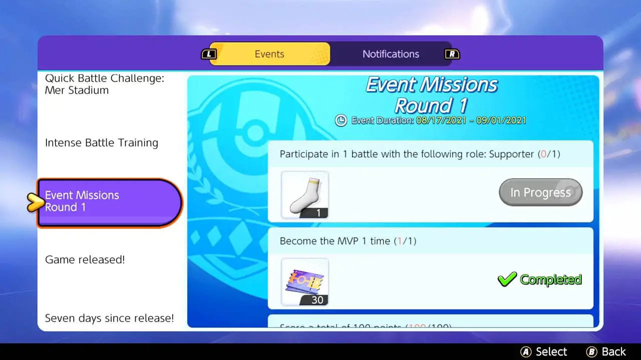 A game menu with a list of challenges to complete and rewards to reap (pokemon unite screenshot))