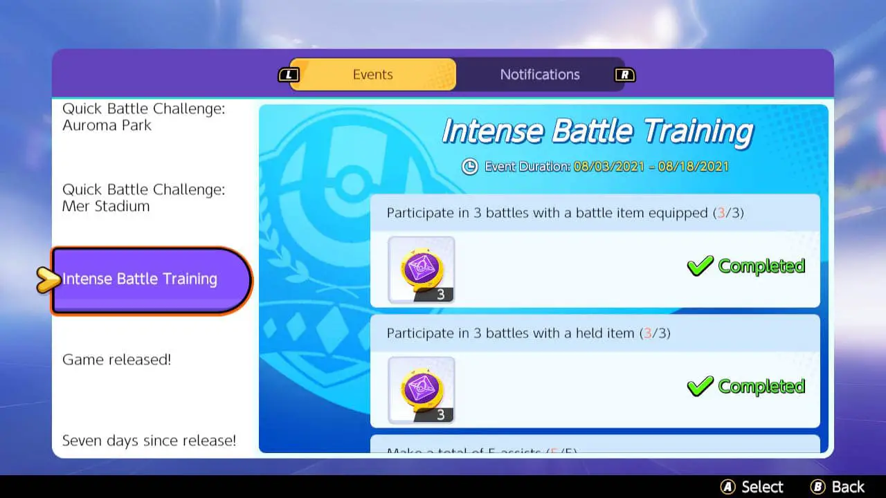 A game menu with a list of challenges to complete and rewards to reap (pokemon unite screenshot))