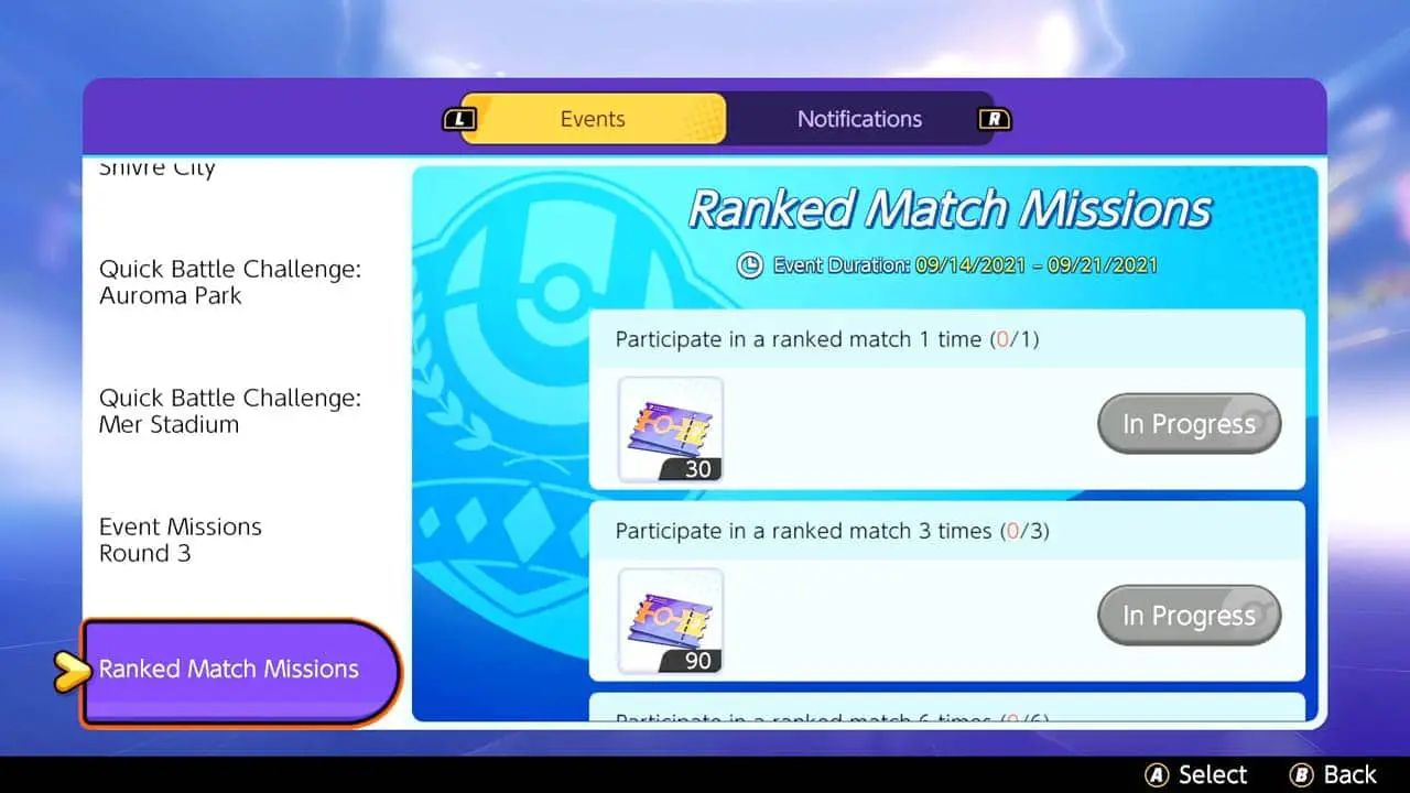 list of ranked match missions and rewards (pokemon unite screenshot)