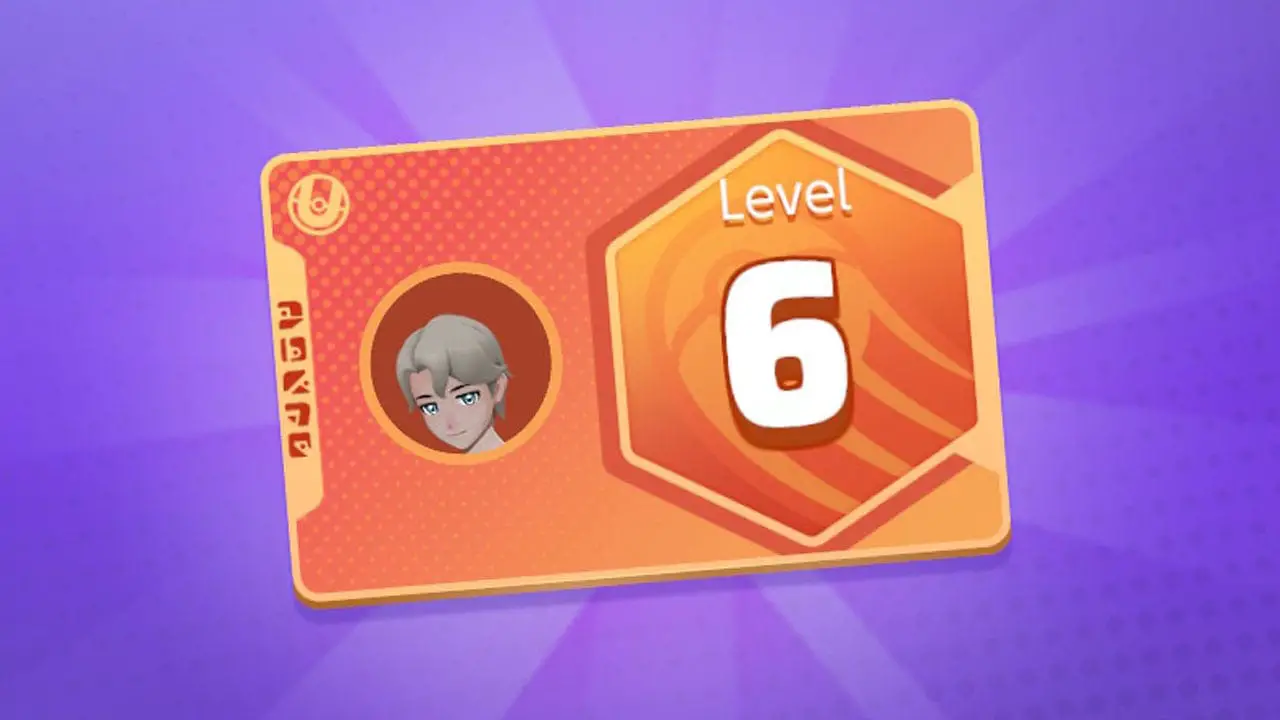 An orange trainer card with a trainer picture and the words level 6 on it (pokemon unite screenshot)