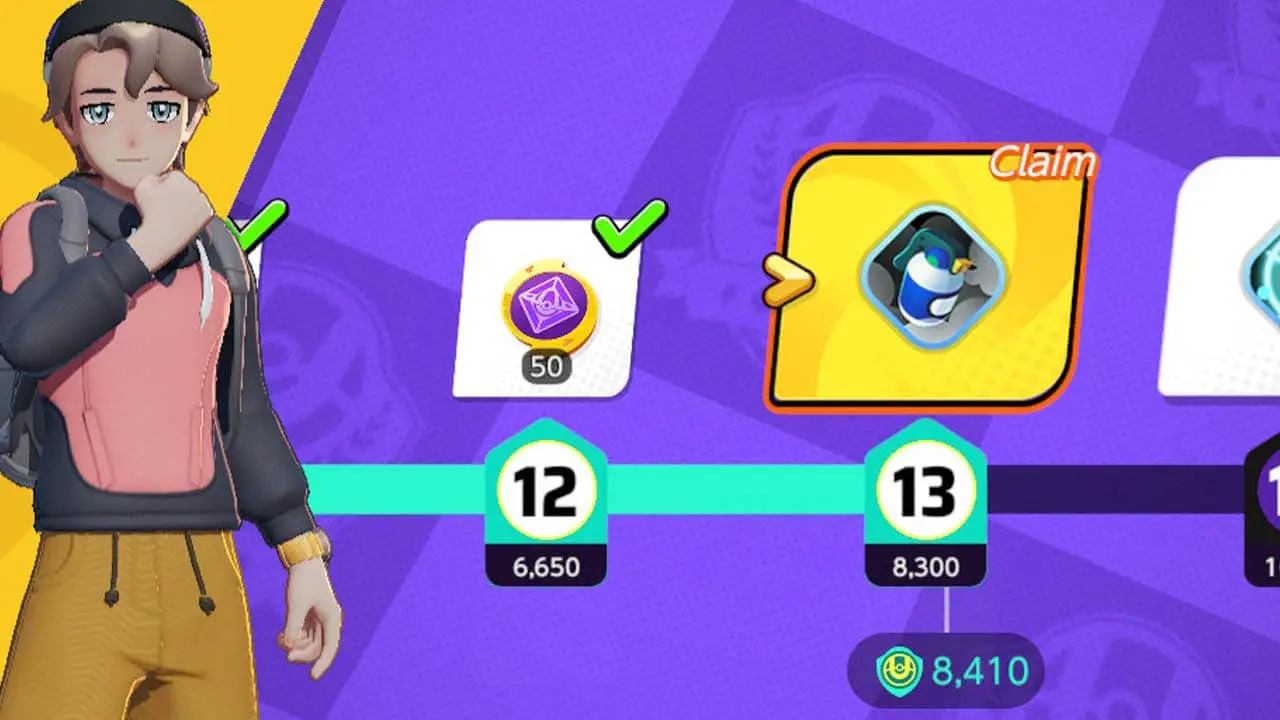 A trainer standing next to a trainer level reward timeline (pokemon unite screenshot)